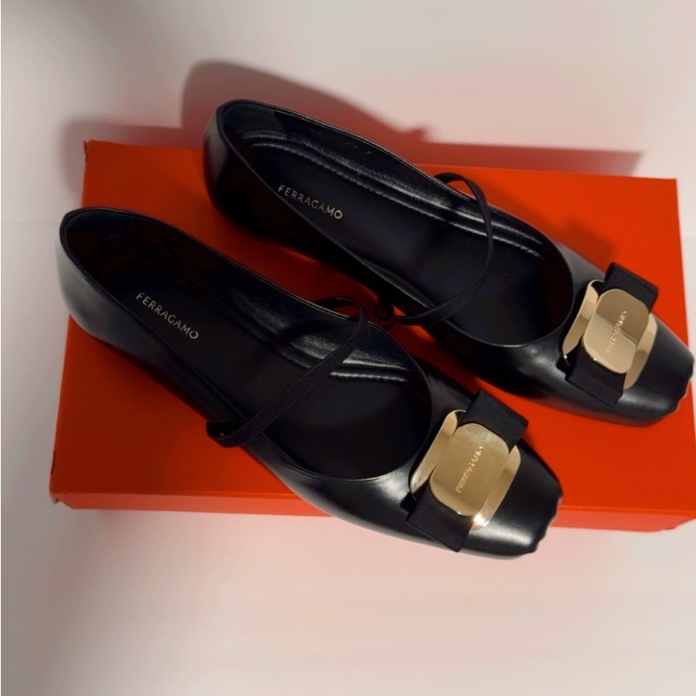 Ferragamo Black Flats with Gold Buckle